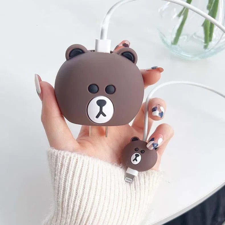 3D Silicone Case Cover for Apple Charger 18-20W with Spiral Cable Brown Bear - Ktusu