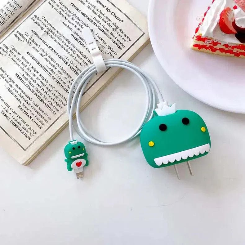 3D Silicone Case Cover for Apple Charger 18-20W with Spiral Cable Green Dino - Ktusu