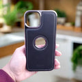 iShock Leather Chrome Electroplating Frame Phone Back Case with Logo Cut for Apple iPhone iPhone 15 / Midnight Blue - Ktusu