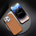 Vegan Leather Metal Button MagSafe Phone Back Case for Apple iPhone iPhone 15 Pro Max / Brown / With MagSafe - Ktusu