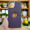 iShock Leather Chrome Electroplating Frame Phone Back Case with Logo Cut for Apple iPhone iPhone 15 Pro Max / Purple - Ktusu