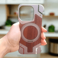 Walnut Wood Pattern Metal Frameless Kickstand Ring Phone Back Case for Apple iPhone iPhone 15 Pro / Natural Titanium / With MagSafe - Ktusu