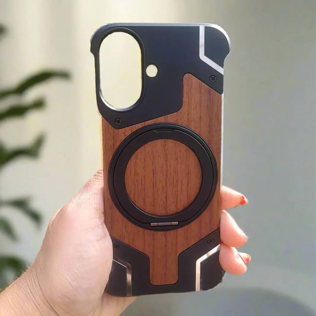 Walnut Wood Pattern Metal Frameless Kickstand Ring Phone Back Case for Apple iPhone iPhone 16 / Black / With MagSafe - Ktusu