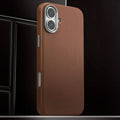 Vegan Leather Metal Button MagSafe Phone Back Case for Apple iPhone iPhone 16 / Brown / With MagSafe - Ktusu