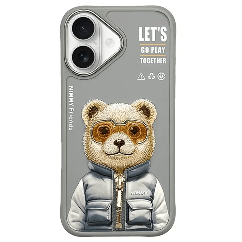 Nimmy 3D Embroided Hard Phone Back Case for Apple iPhone iPhone 16 / Grey Bear - Ktusu