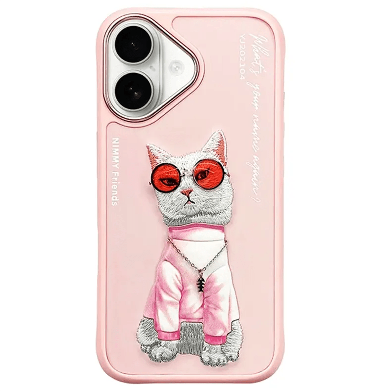 Nimmy 3D Embroided Hard Phone Back Case for Apple iPhone iPhone 16 / Pink Cat - Ktusu