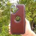 iShock Leather Chrome Electroplating Frame Phone Back Case with Logo Cut for Apple iPhone iPhone 16 Plus / Tan Brown - Ktusu