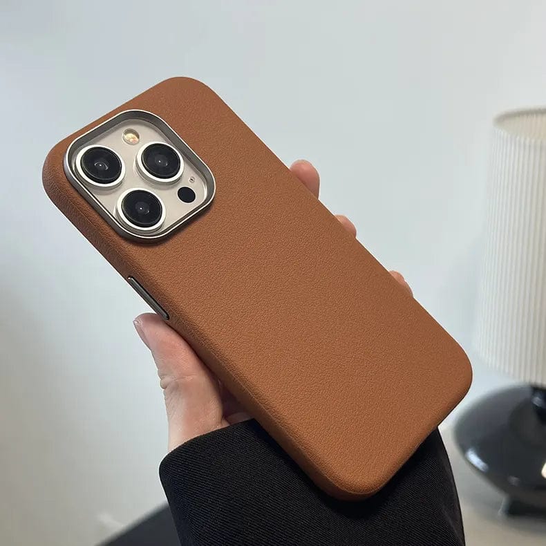 Vegan Leather Metal Button MagSafe Phone Back Case for Apple iPhone iPhone 16 Pro / Brown / Without MagSafe - Ktusu