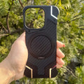 Walnut Wood Pattern Metal Frameless Kickstand Ring Phone Back Case for Apple iPhone iPhone 16 Pro Max / Carbon Fiber / With MagSafe - Ktusu