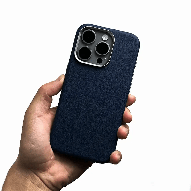 Vegan Leather Metal Button MagSafe Phone Back Case for Apple iPhone iPhone 16 Pro Max / Dark Blue / With MagSafe - Ktusu