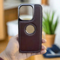 iShock Leather Chrome Electroplating Frame Phone Back Case with Logo Cut for Apple iPhone iPhone 16 Pro Max / Tan Brown - Ktusu