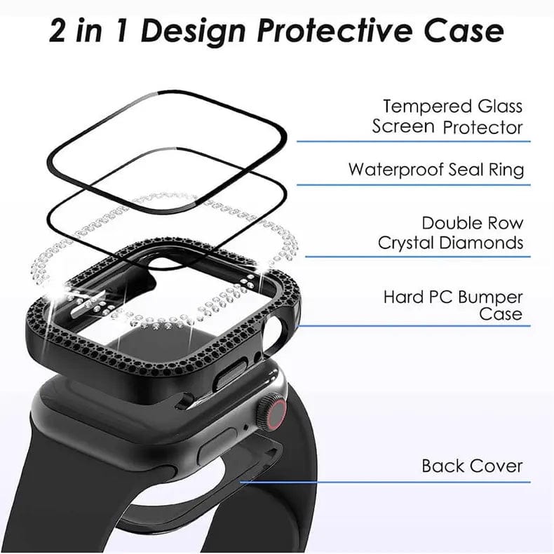 Dual Rhinestone Frame Hard PC Built-in Glass Screen Protector Watch Case for iWatch - Ktusu