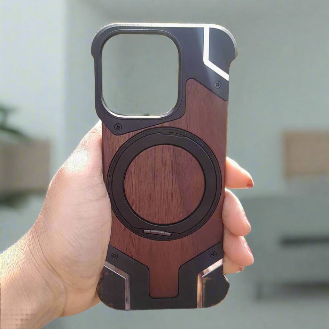 Walnut Wood Pattern Metal Frameless Kickstand Ring Phone Back Case for Apple iPhone - Ktusu