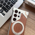 Walnut Wood Pattern Metal Frameless Kickstand Ring Phone Case for Samsung Galaxy - Ktusu