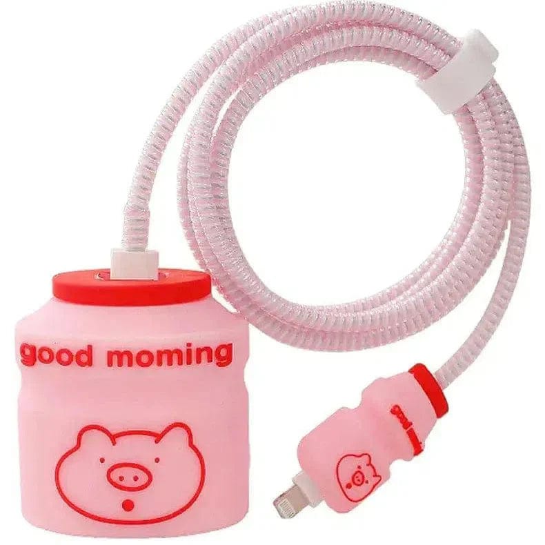 3D Silicone Case Cover for Apple Charger 18-20W with Spiral Cable Pig Good Morning - Ktusu