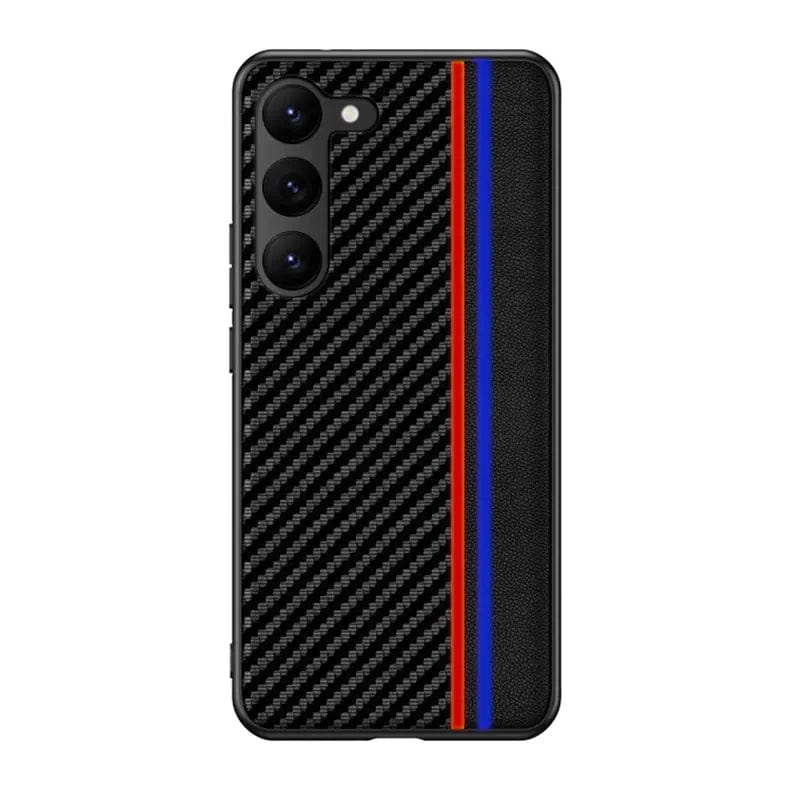 Slim Carbon Fiber + Leather Texture Hard Phone Case for Samsung Galaxy Samsung S23 Plus / Red Blue - Ktusu