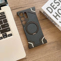 Walnut Wood Pattern Metal Frameless Kickstand Ring Phone Case for Samsung Galaxy Samsung S24 Ultra / Carbon Fiber / With MagSafe - Ktusu