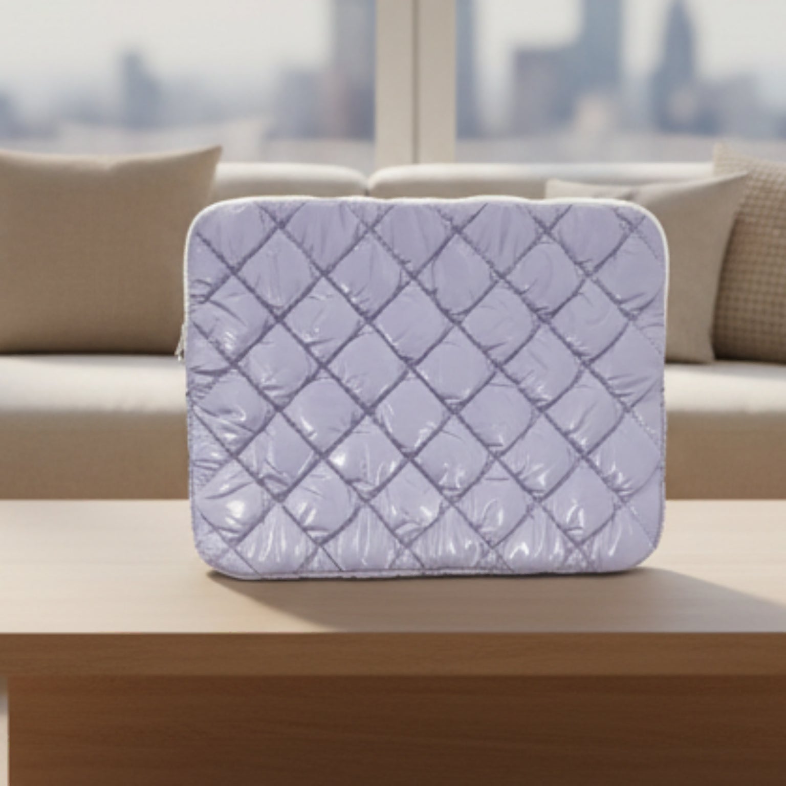 Checkered Puffy Soft Leather Zipper Laptop Sleeve & Handbag
