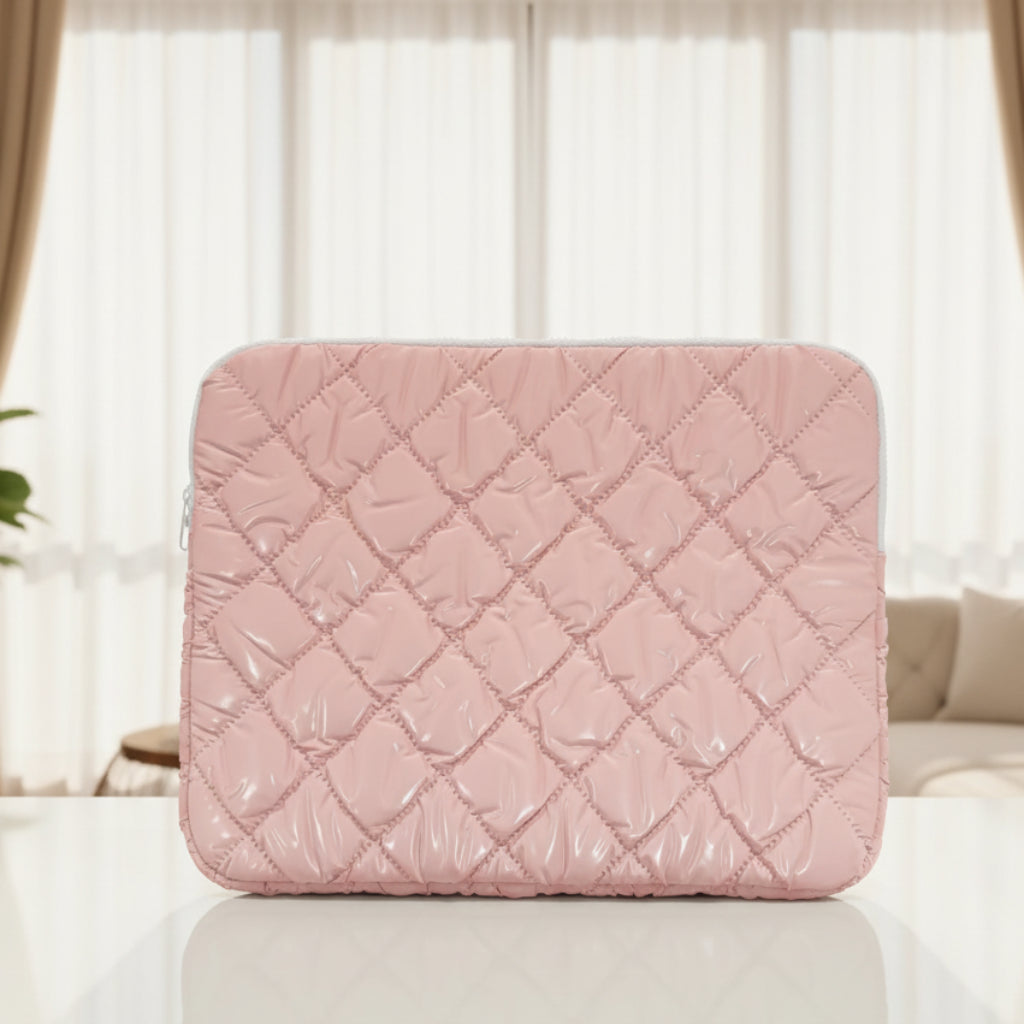Checkered Puffy Soft Leather Zipper Laptop Sleeve & Handbag