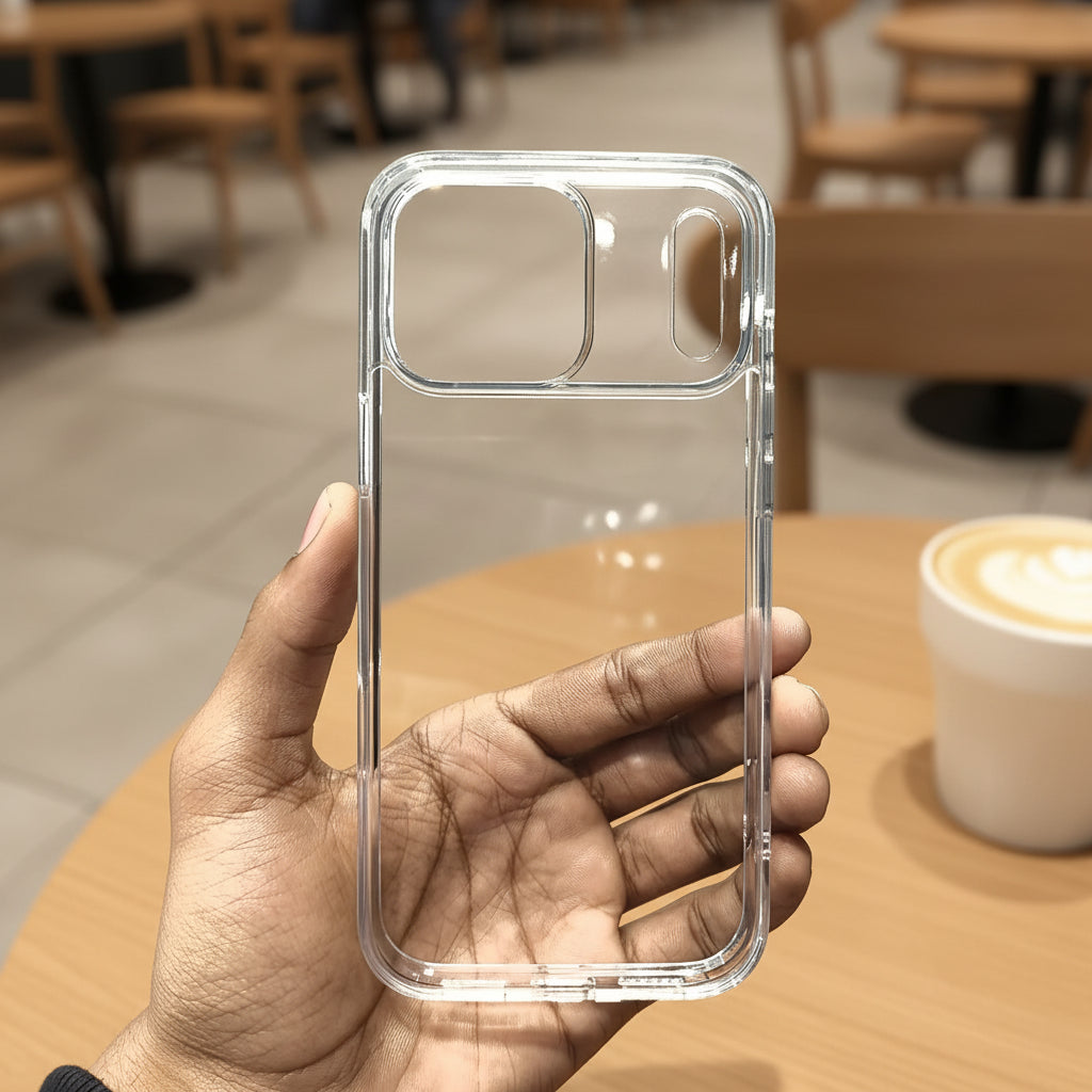 Clear phone case held in a hand against a neutral background