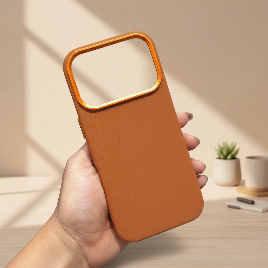 Brown phone case with orange border held in a hand against a blurred indoor background