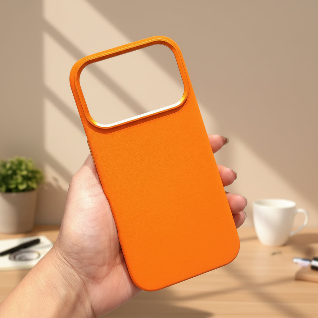 Orange phone case held in a hand with a blurred indoor background