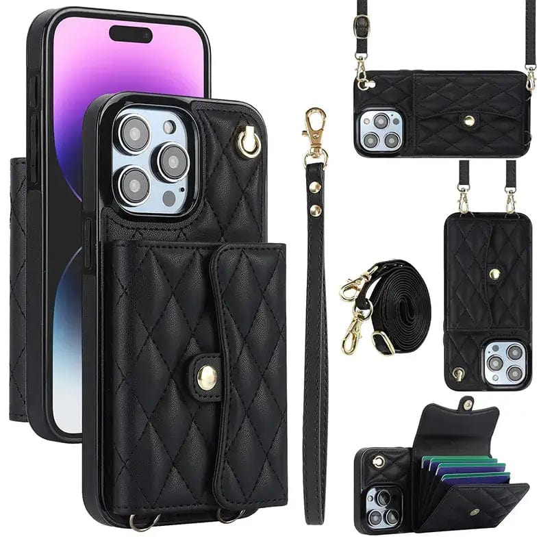 Cases & Covers for iPhone 15 Pro Max / Black Crossbody Rhombic Horizontal Wallet Leather Hand Strap Case for iPhone