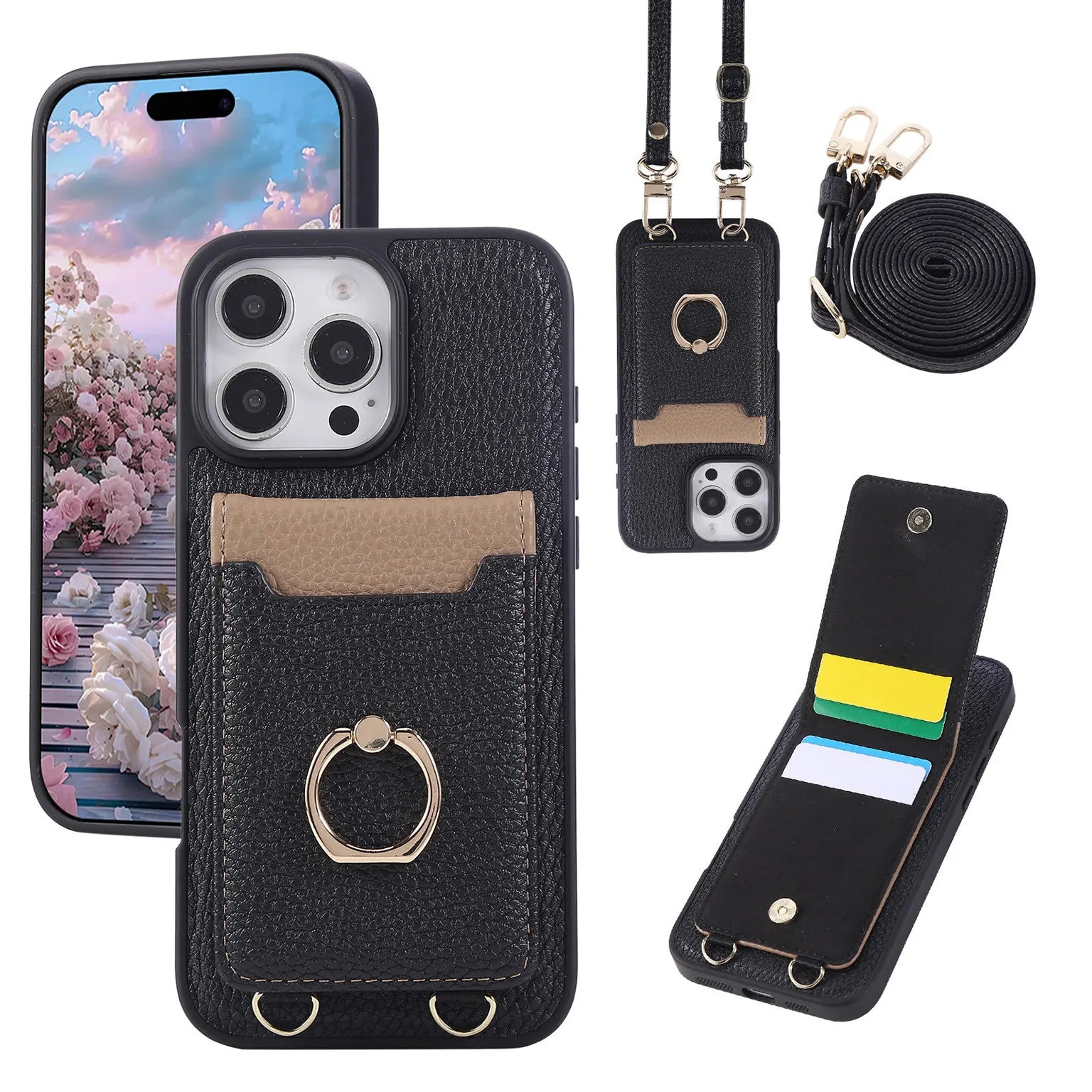 Cases & Covers Crossbody vertical cards solt ring holder wallet leather drawstring bag Case for iPhone 16 Pro Max