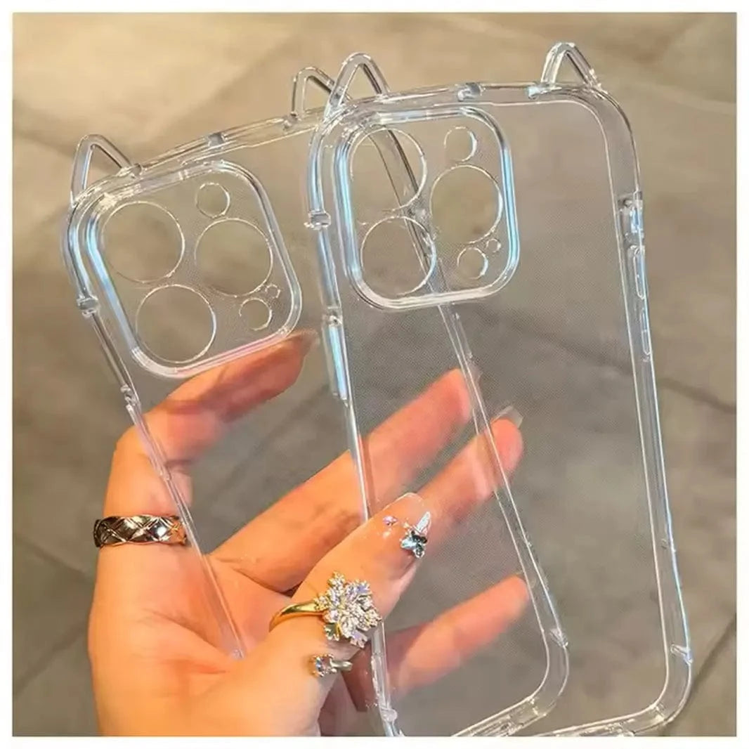 Cute 3D Cat Ears Transparent Soft TPU Case for iPhone 15 Pro Max