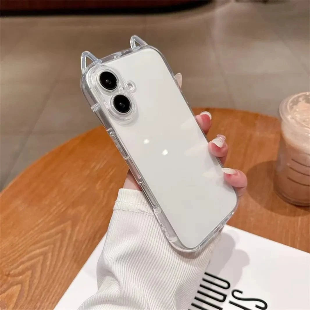 Cute 3D Cat Ears Transparent Soft TPU Case for iPhone 16