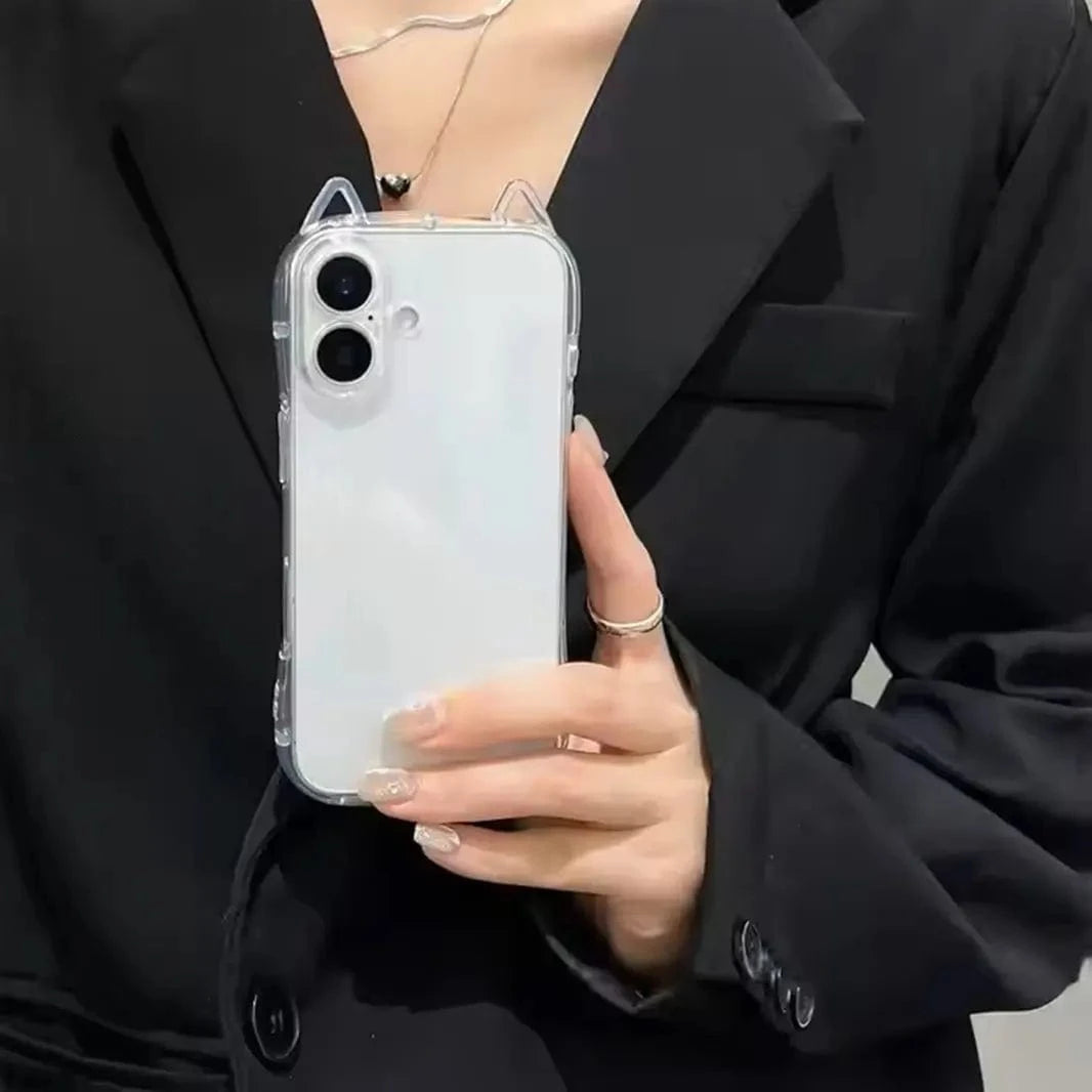 Cute 3D Cat Ears Transparent Soft TPU Case for iPhone 16