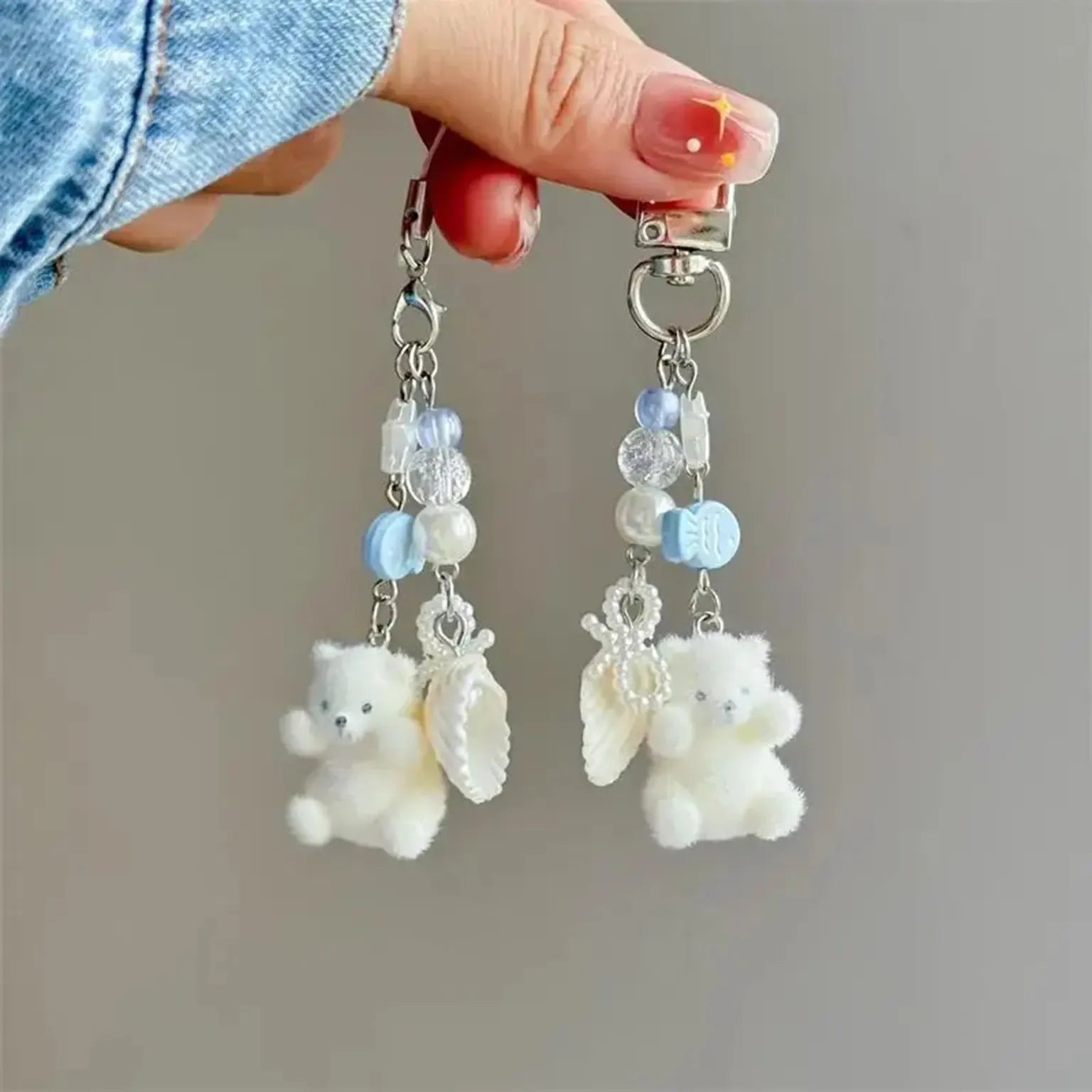 Cute Kitty Pendant Key Chain Fluffy Ball Bow Bead Mobile Phone Chain Anti-Lost Lanyard Bag Charm Gift