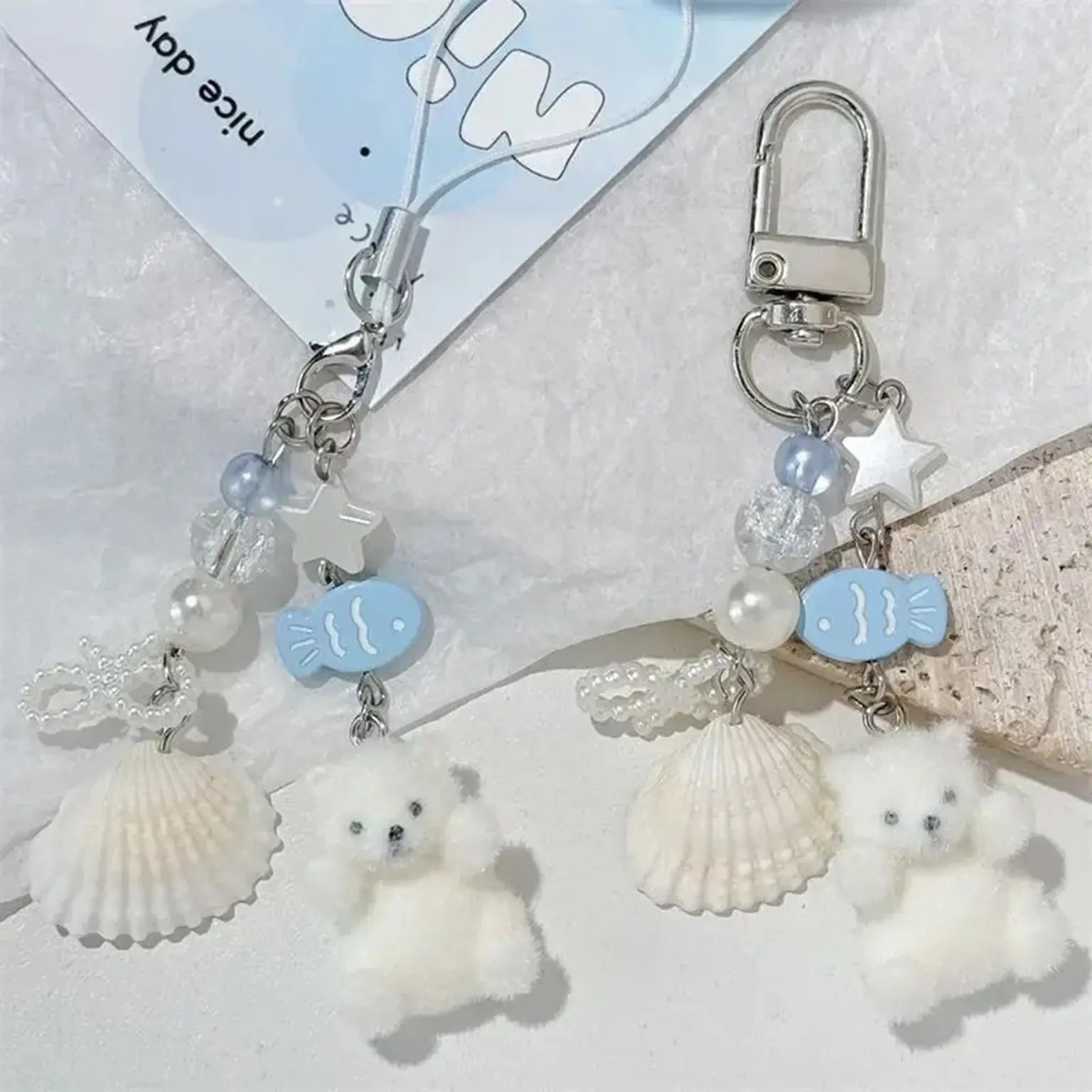Cute Kitty Pendant Key Chain Fluffy Ball Bow Bead Mobile Phone Chain Anti-Lost Lanyard Bag Charm Gift
