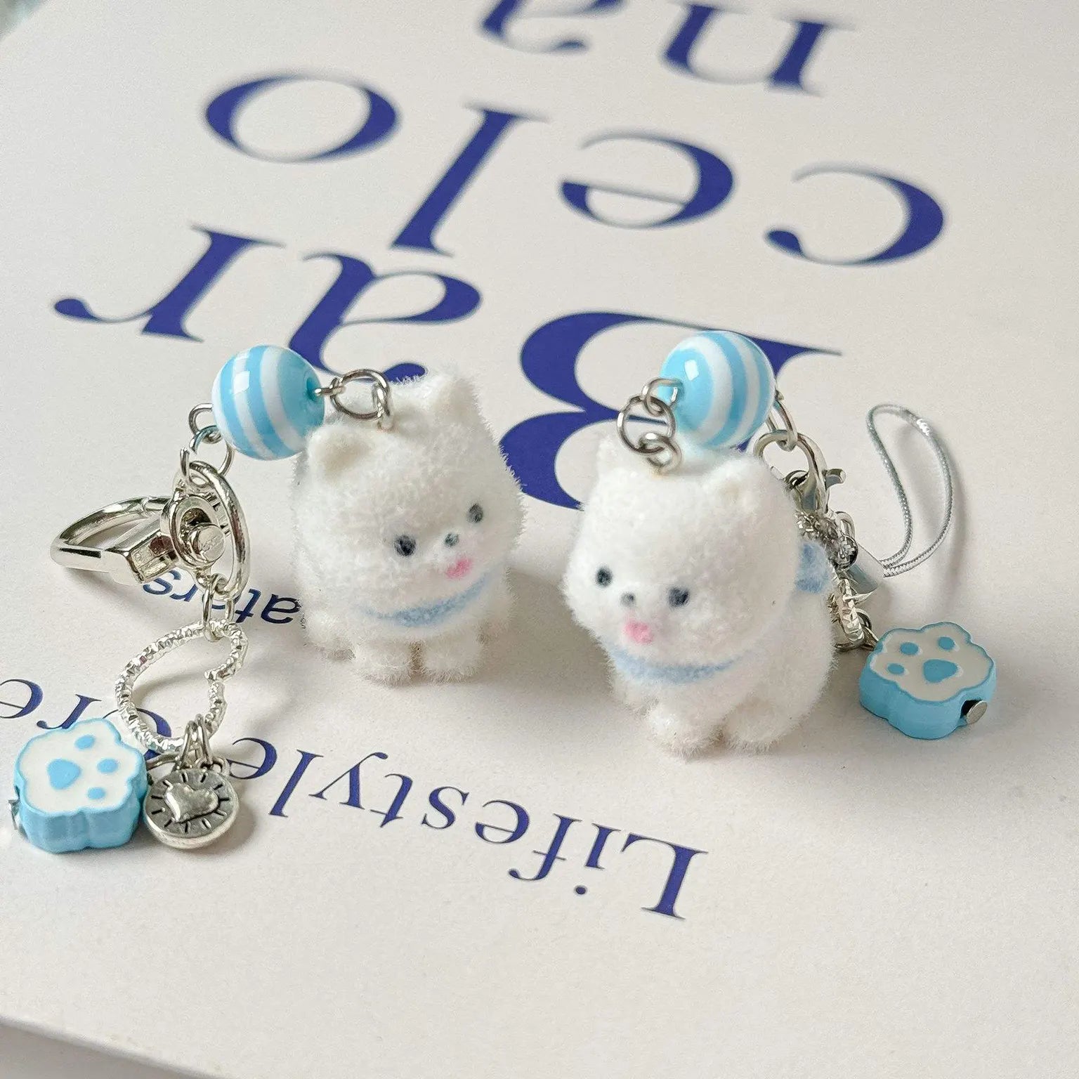 Cute Kitty Pendant Key Chain Fluffy Ball Bow Bead Mobile Phone Chain Anti-Lost Lanyard Bag Charm Gift