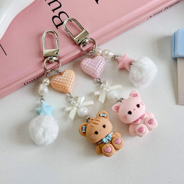 Cute Kitty Pendant Key Chain Fluffy Ball Bow Bead Mobile Phone Chain Anti-Lost Lanyard Bag Charm Gift