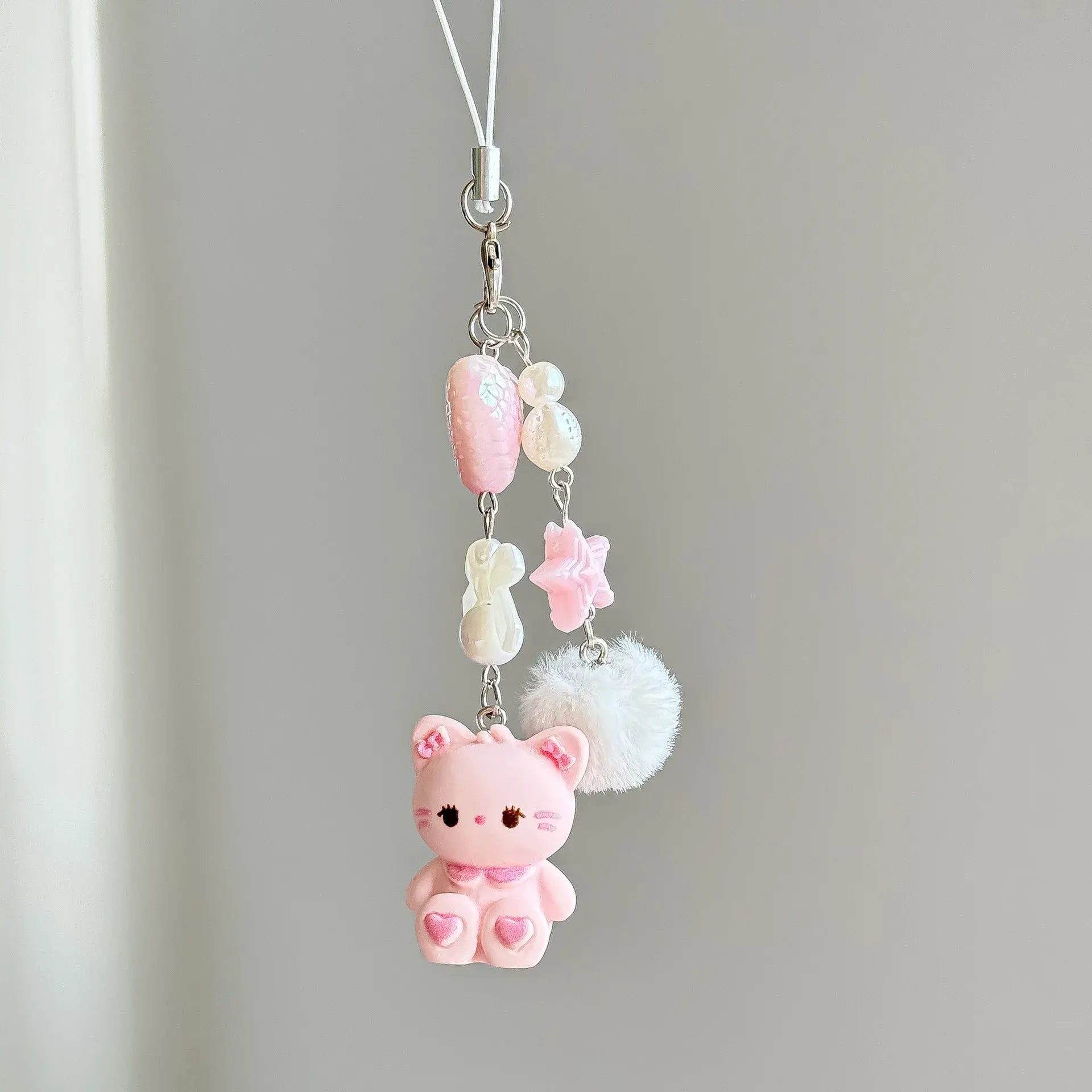 Cute Kitty Pendant Key Chain Fluffy Ball Bow Bead Mobile Phone Chain Anti-Lost Lanyard Bag Charm Gift