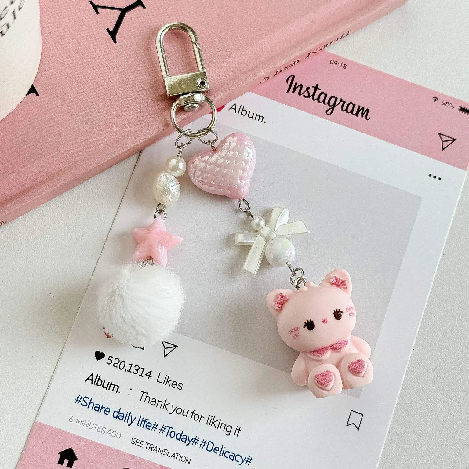 Cute Kitty Pendant Key Chain Fluffy Ball Bow Bead Mobile Phone Chain Anti-Lost Lanyard Bag Charm Gift KTSUU52DT 8948332211607