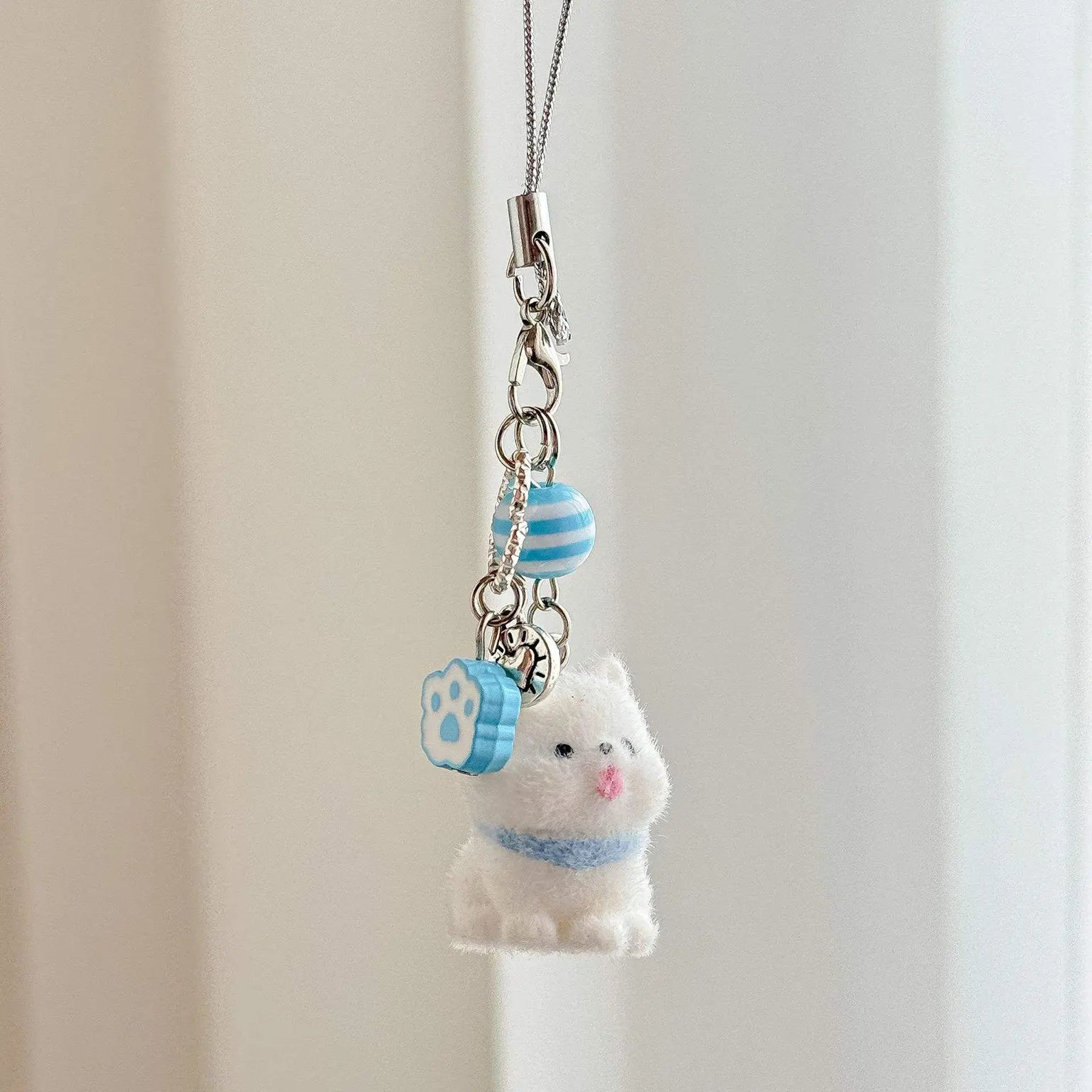 Cute Kitty Pendant Key Chain Fluffy Ball Bow Bead Mobile Phone Chain Anti-Lost Lanyard Bag Charm Gift