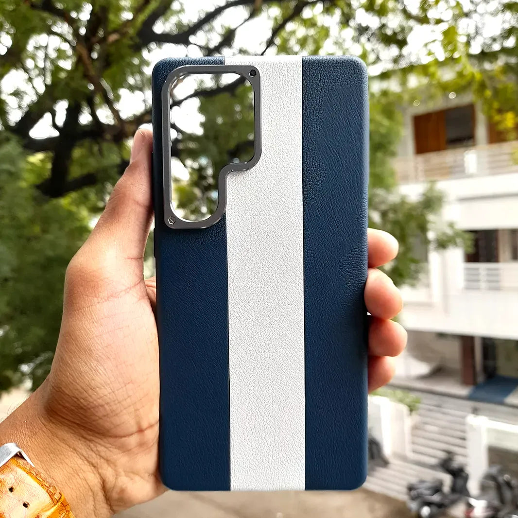 ktusu Generic Cases & Covers Dual Shade Leather Metal Button Magsafe Case for Samsung S25 Ultra Blue White