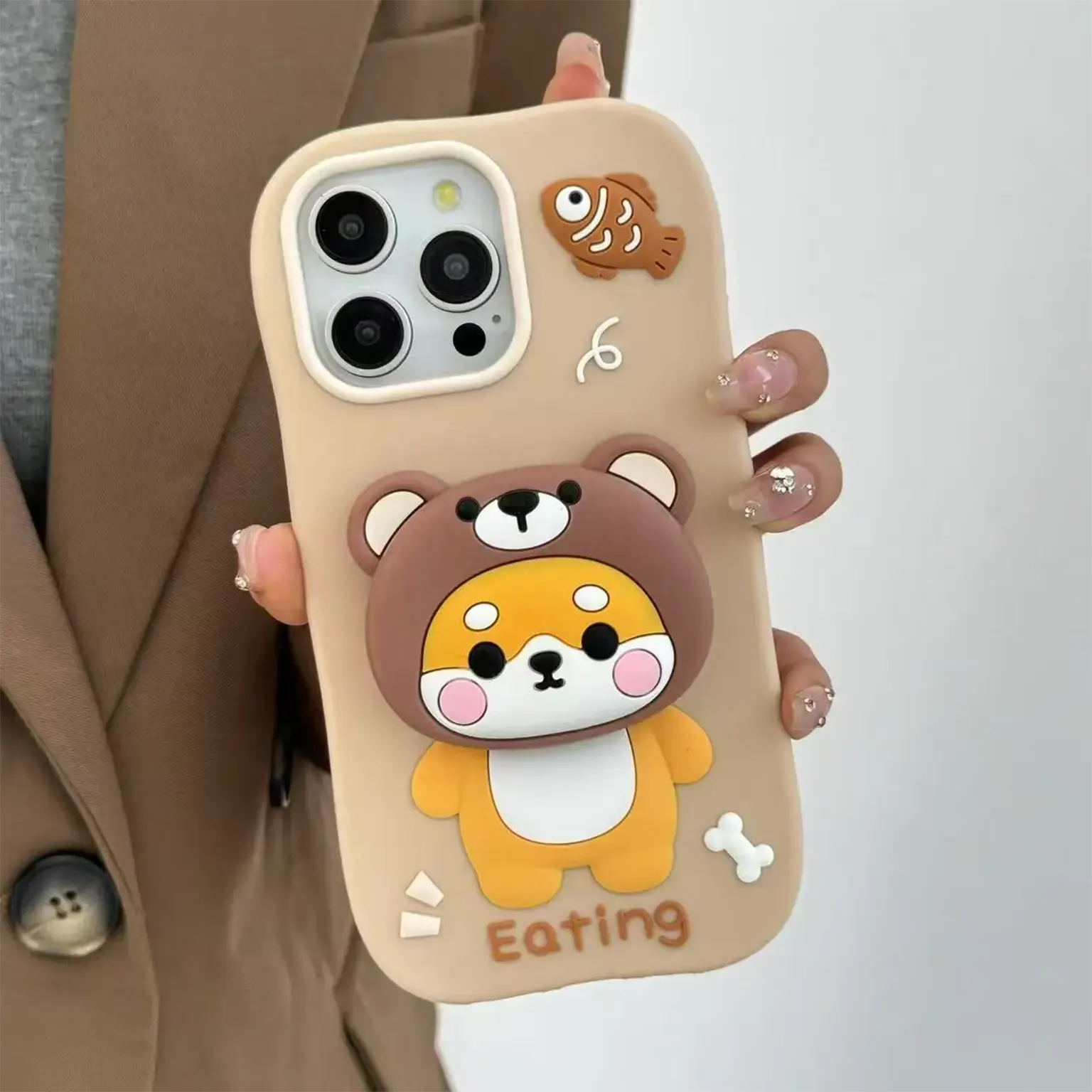 3D Cute Cartoon Character Scalable Holder Soft Silicone Case for iPhone 14