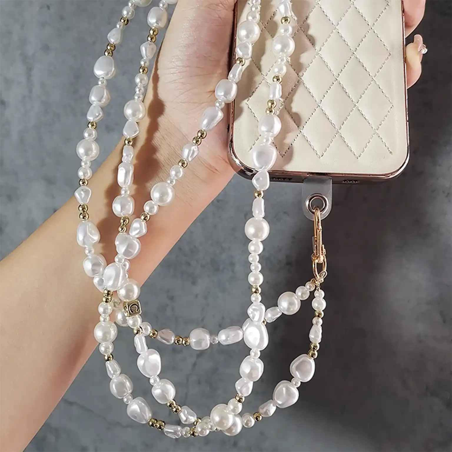Universal Sling Pearl Crossbody Long Strap for The Neck And Shoulder Phone Lanyard with Transparent Card Holder