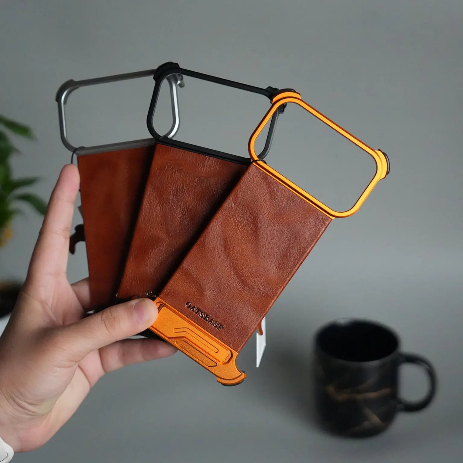 OATSBASF Magnetic Leather Metal Hidden Kickstand Frameless Magsafe Case for iPhone 17 Pro