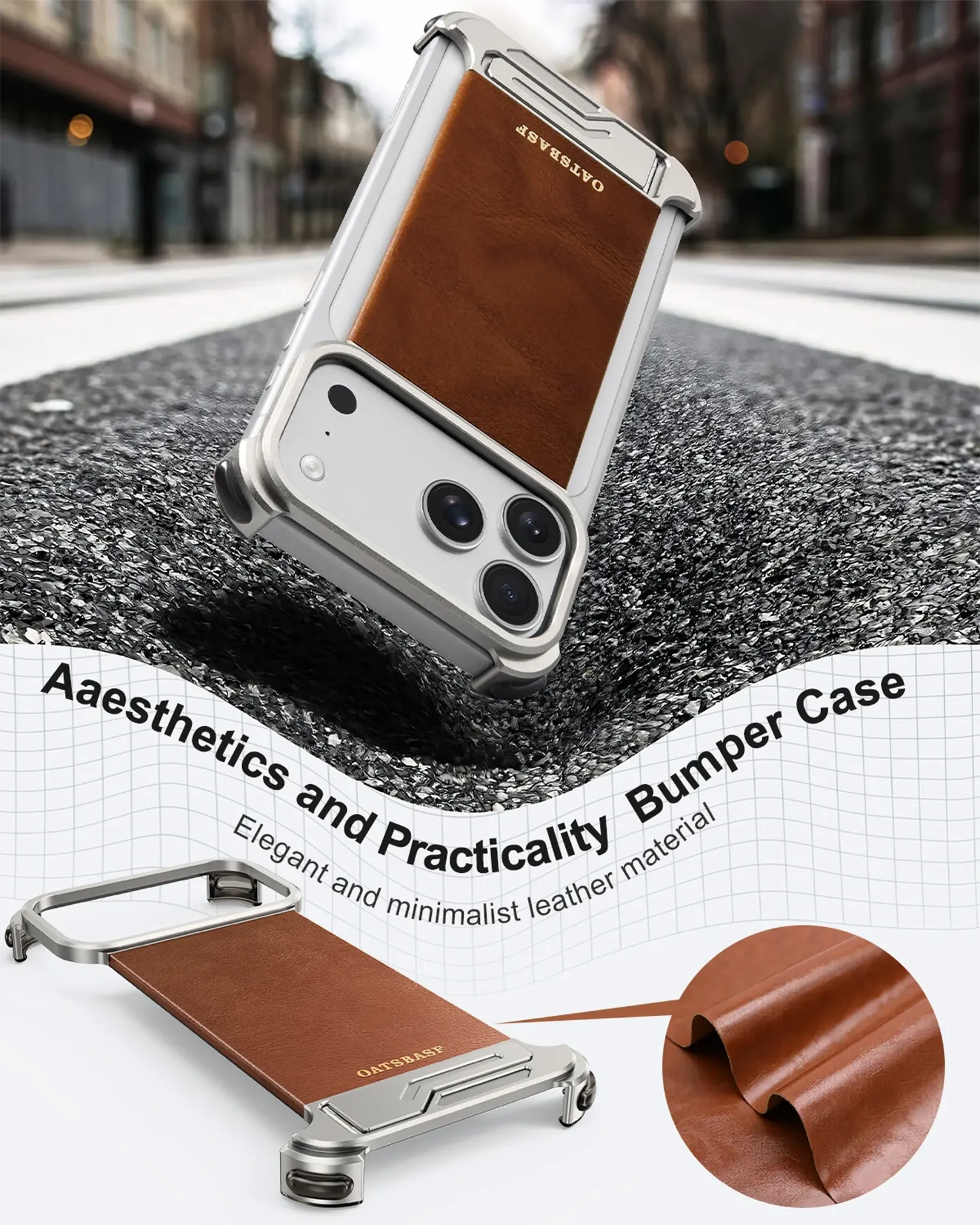 OATSBASF Magnetic Leather Metal Hidden Kickstand Frameless Magsafe Case for iPhone 17 Pro