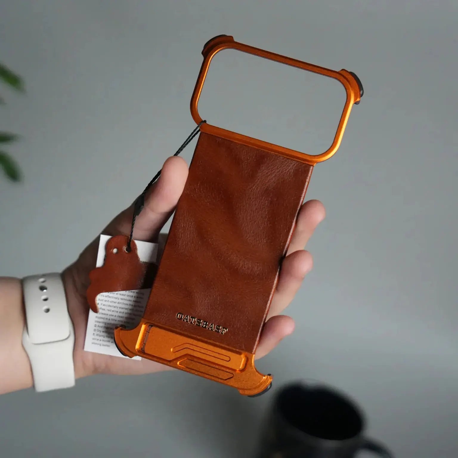 OATSBASF Magnetic Leather Metal Hidden Kickstand Frameless Magsafe Case for iPhone 17 Pro