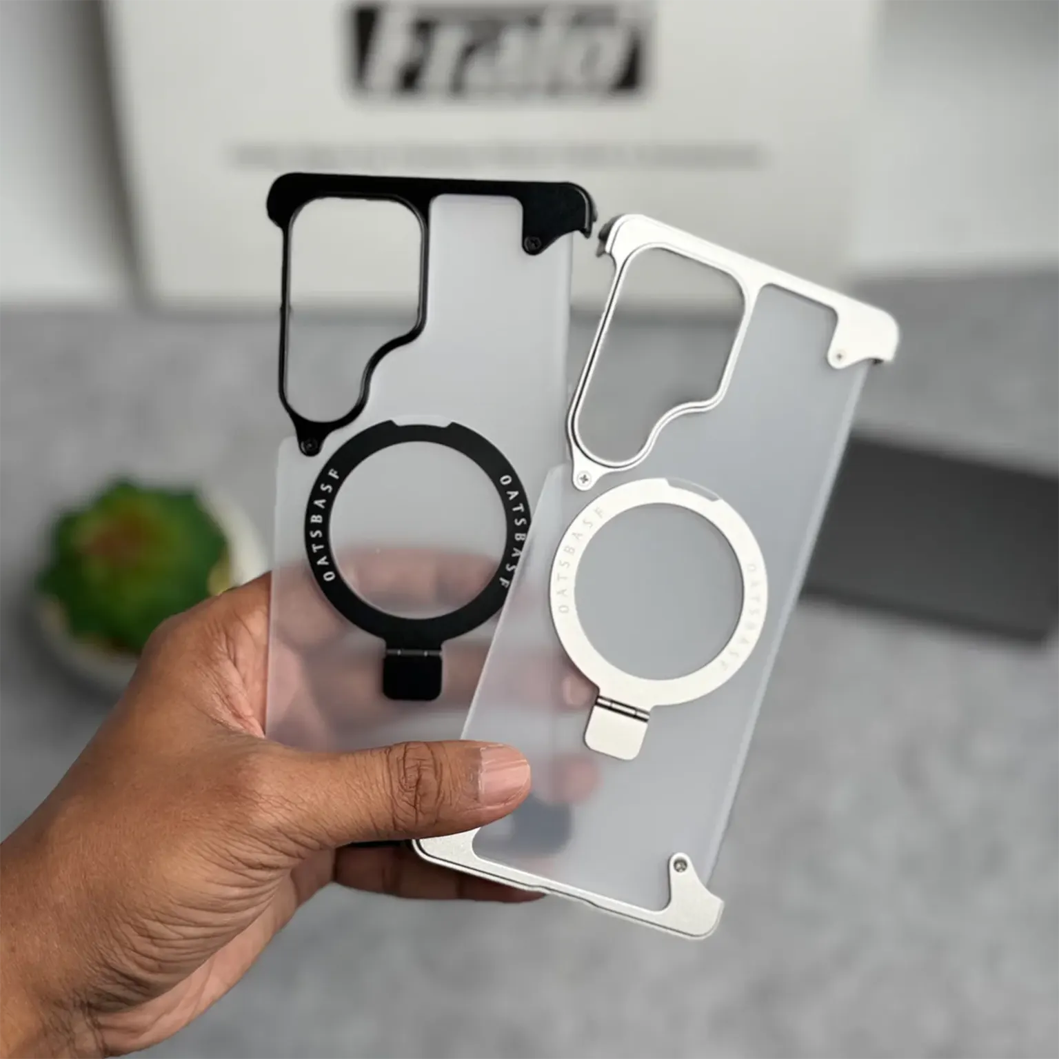 OATSBASF Metal Kickstand Frameless Magsafe PC Matte Case for Samsung Galxy S25 Ultra