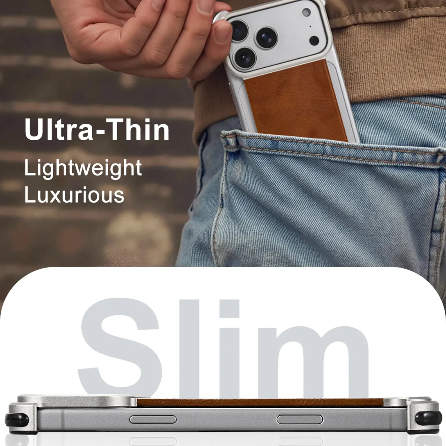 OATSBASF Magnetic Leather Metal Hidden Kickstand Frameless Magsafe Case for iPhone 17 Pro