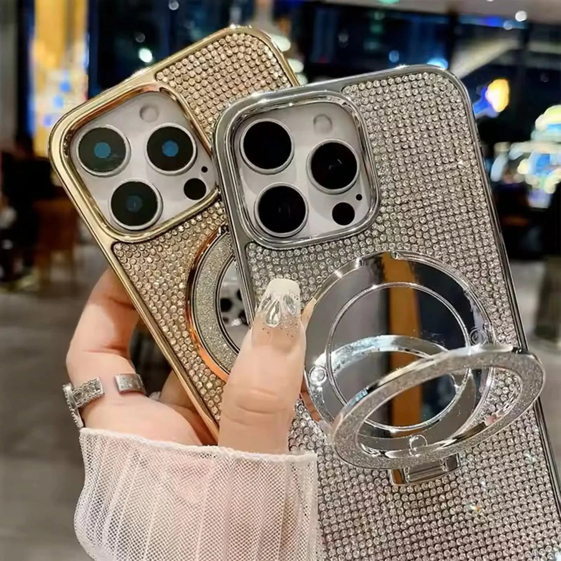 Glitter Bling Diamond Mirror Stand Magnetic Case for iPhone 16 Pro Max