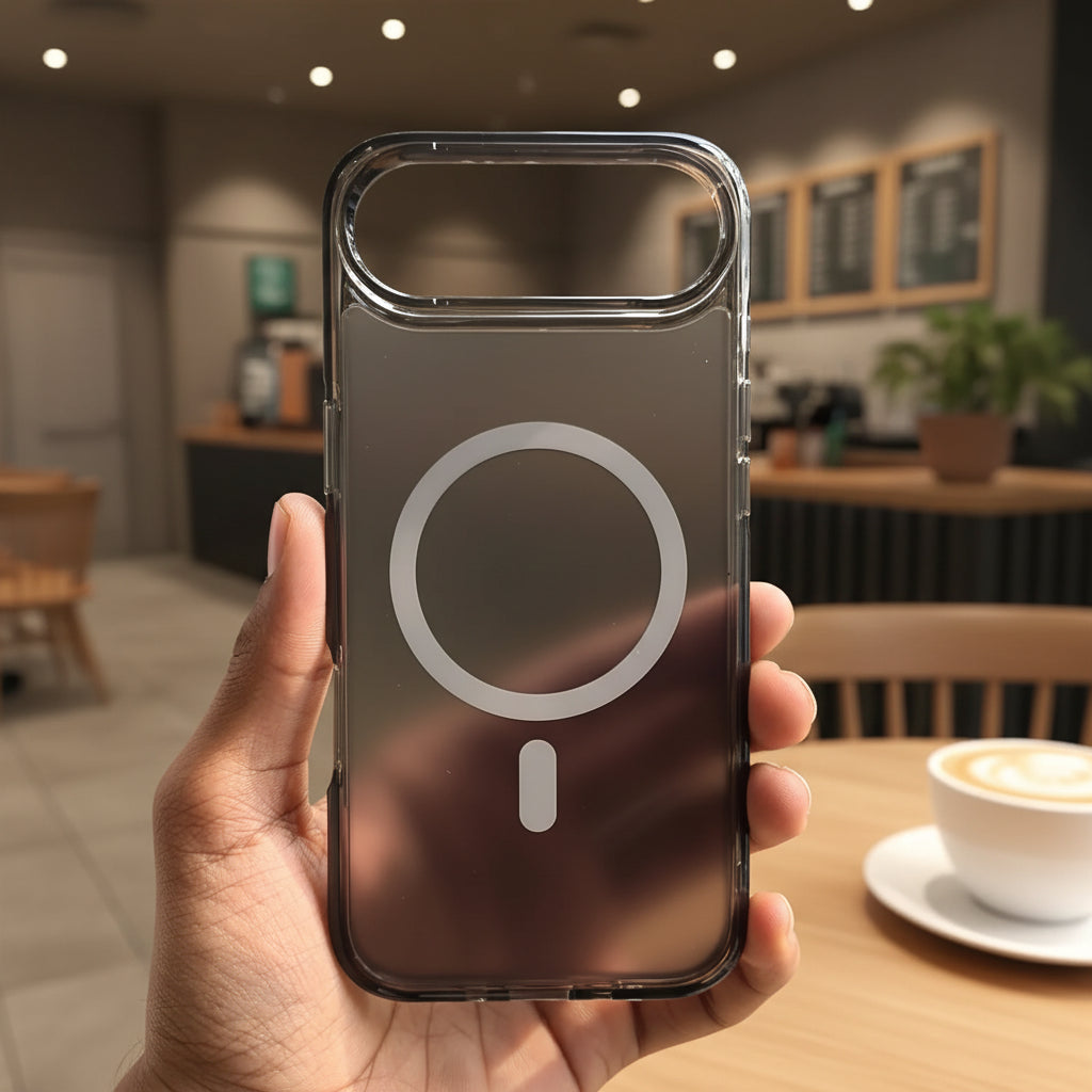 Hand holding a phone case with a MagSafe design against a blurred natural background