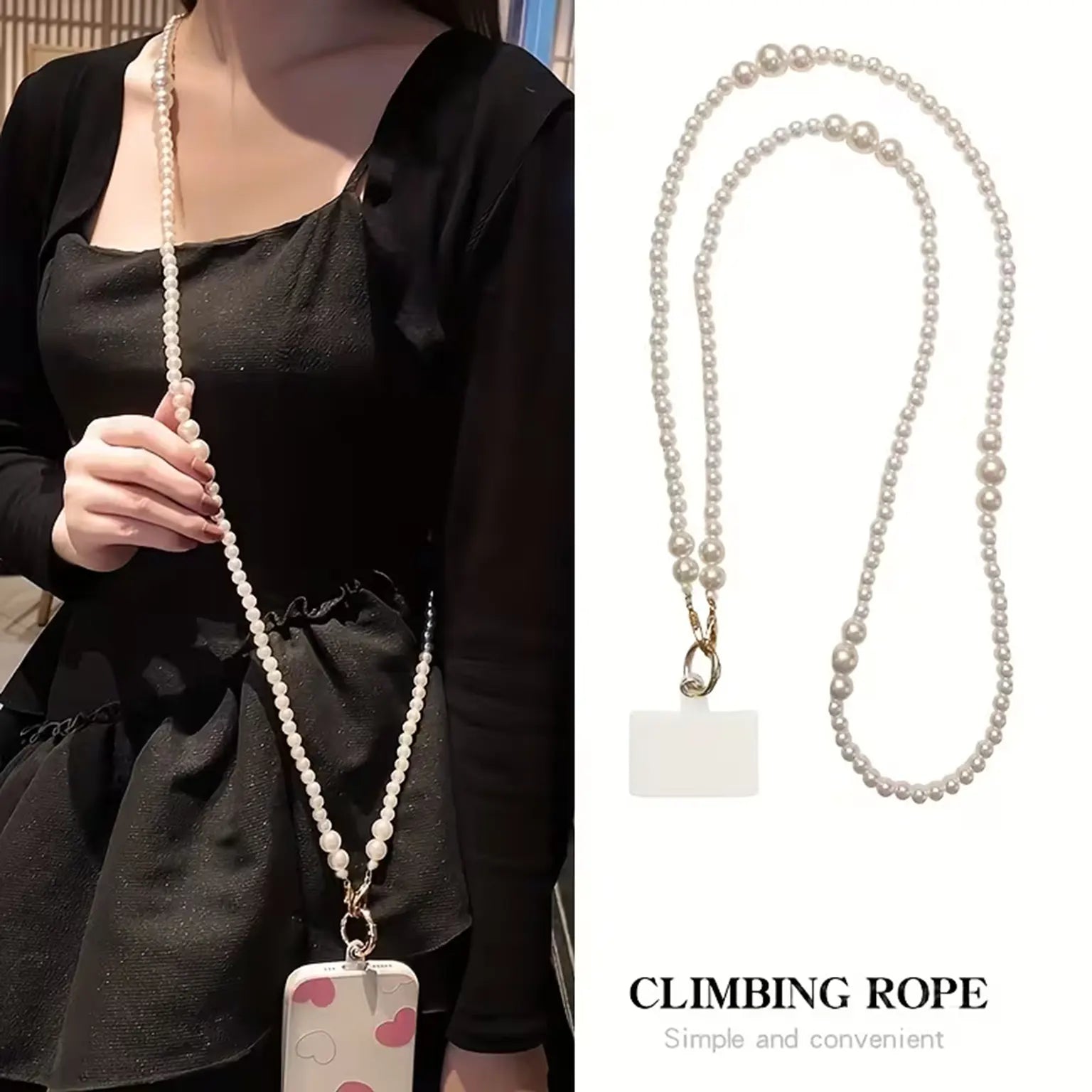 Portable Pearls Long Strap for The Neck And Shoulder Phone Lanyard with Transparent Card Holder