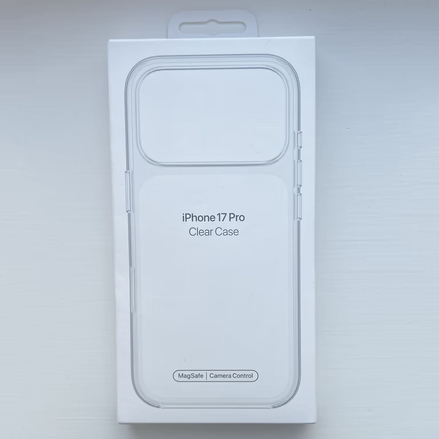 Clear case packaging for iPhone 17 Pro on a light gray background